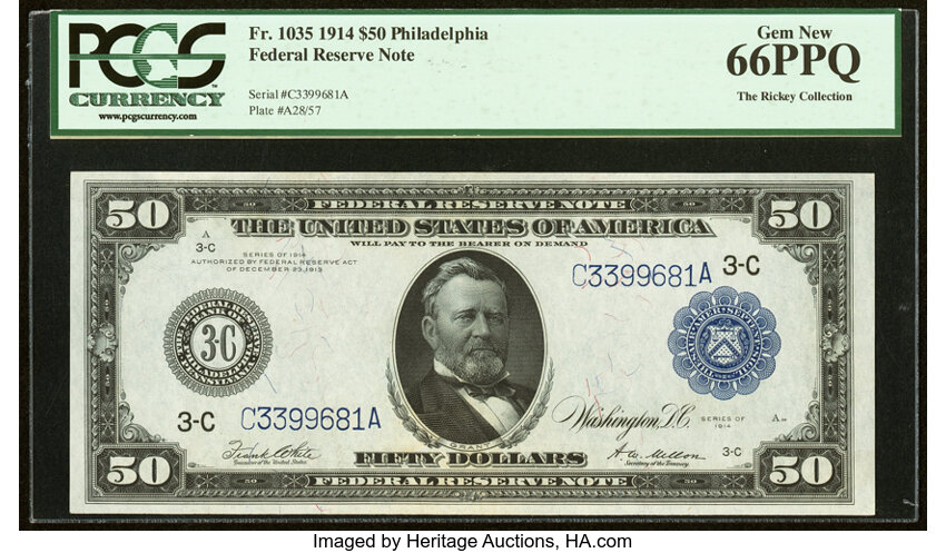 image for: Fr. 1035 $50 1914 Federal Reserve Note PCGS Gem New 66PPQ....