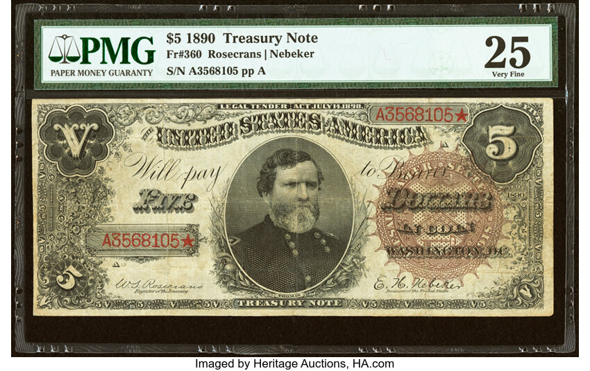 image for: Fr. 360 $5 1890 Treasury Note PMG Very Fine 25....