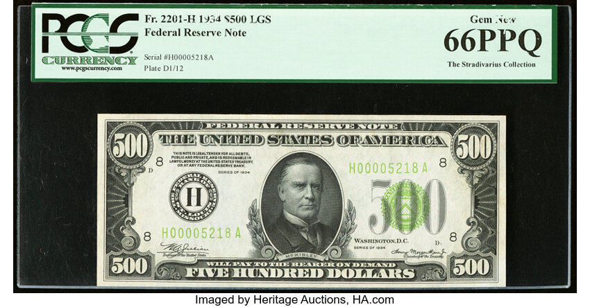 image for: Fr. 2201-H $500 1934 Light Green Seal Federal Reserve Note. PCGS Gem New 66PPQ....