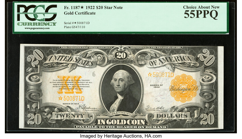 image for: Fr. 1187* $20 1922 Gold Certificate Star Note. PCGS Choice About New 55PPQ....