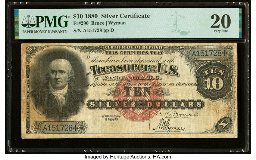 image for: Fr. 290 $10 1880 Silver Certificate PMG Very Fine 20....