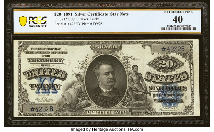 image for: Fr. 321* $20 1891 Silver Certificate Star Note. PCGS Banknote Extremely Fine 40....