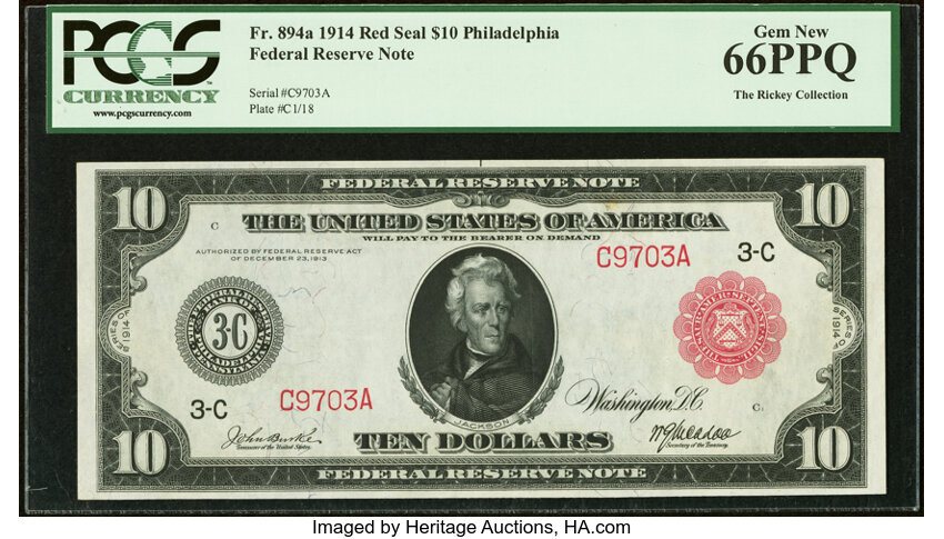image for: Fr. 894a $10 1914 Red Seal Federal Reserve Note PCGS Gem New 66PPQ....