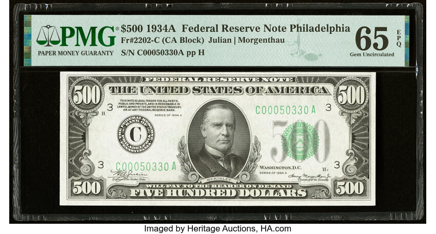 image for: Fr. 2202-C $500 1934A Federal Reserve Note. PMG Gem Uncirculated 65 EPQ....