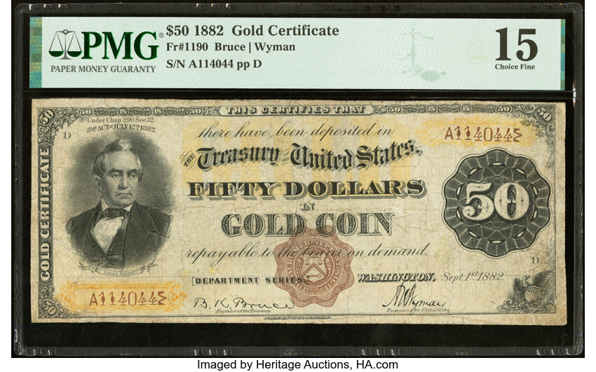 image for: Fr. 1190 $50 1882 Gold Certificate PMG Choice Fine 15....