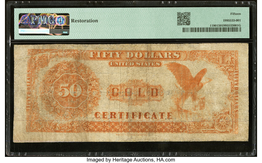 image for: Fr. 1190 $50 1882 Gold Certificate PMG Choice Fine 15....