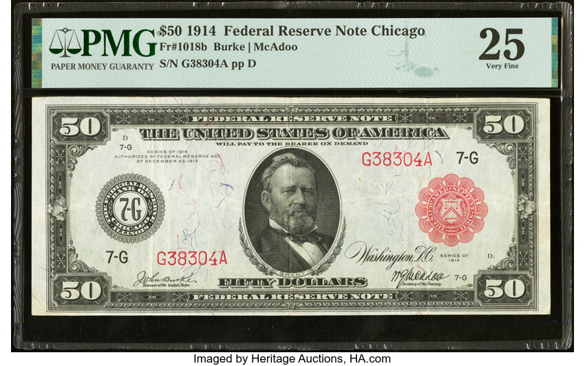 image for: Fr. 1018b $50 1914 Red Seal Federal Reserve Note PMG Very Fine 25....