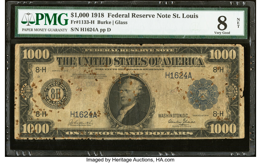 image for: Fr. 1133-H $1,000 1918 Federal Reserve Note PMG Very Good 8 Net....