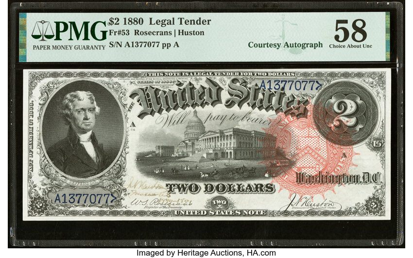 image for: J. N. Huston Courtesy Autographed Fr. 53 $2 1880 Legal Tender PMG Choice About Unc 58....