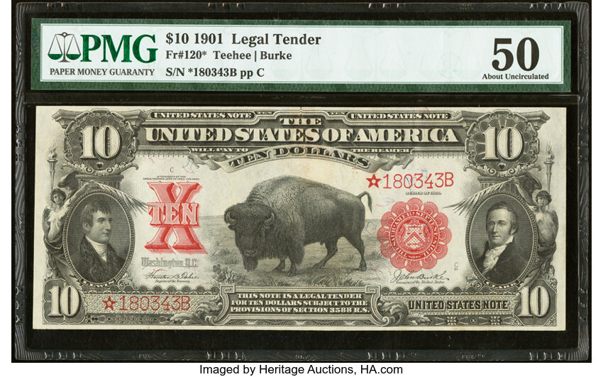 image for: Fr. 120* $10 1901 Legal Tender Star Note PMG About Uncirculated 50....