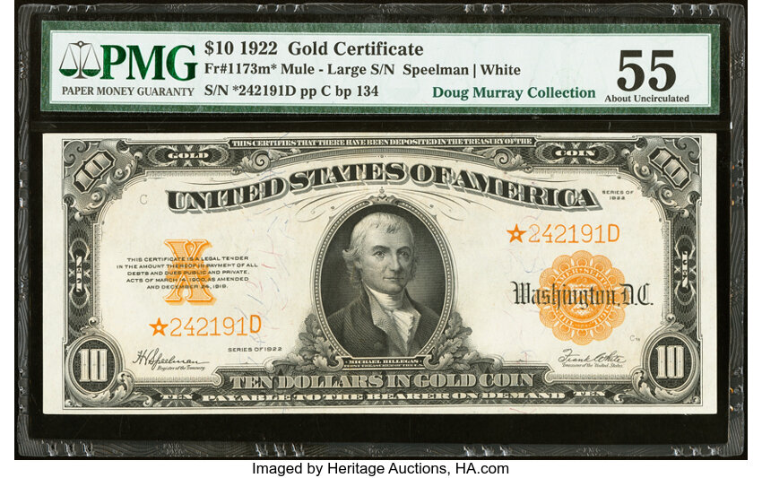 image for: Fr. 1173* $10 1922 Mule Gold Certificate Star Note PMG About Uncirculated 55....
