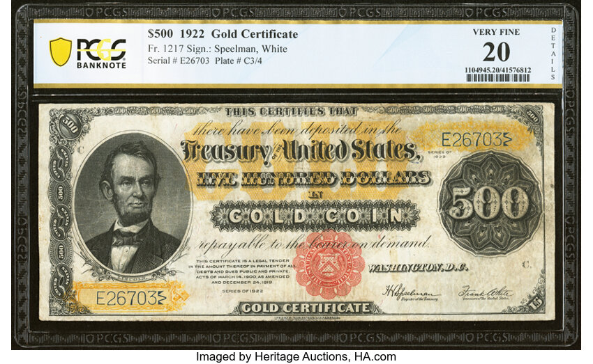 image for: Fr. 1217 $500 1922 Gold Certificate PCGS Banknote Very Fine 20 Details....