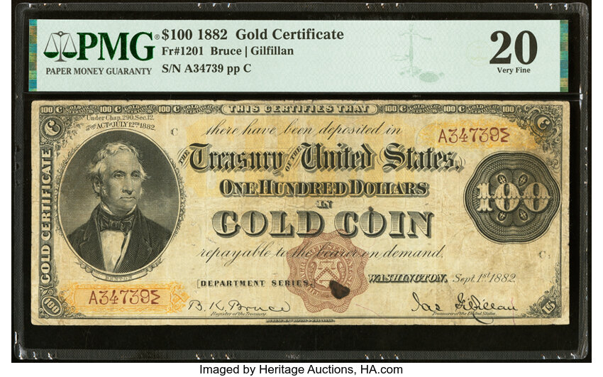 image for: Fr. 1201 $100 1882 Gold Certificate PMG Very Fine 20....
