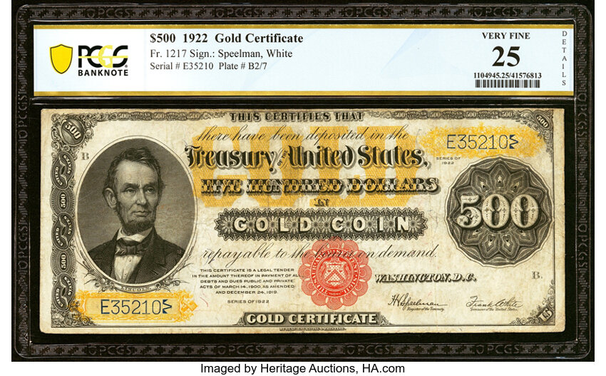 image for: Fr. 1217 $500 1922 Gold Certificate PCGS Banknote Very Fine 25 Details....
