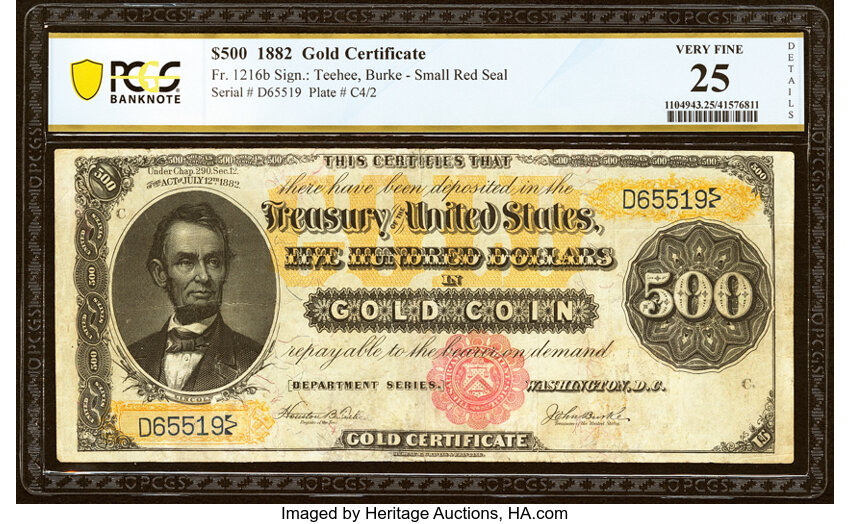 image for: Fr. 1216b $500 1882 Gold Certificate PCGS Banknote Very Fine 25 Details....