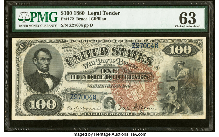 image for: Fr. 172 $100 1880 Legal Tender PMG Choice Uncirculated 63....