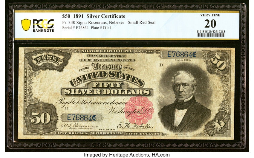 image for: Fr. 330 $50 1891 Silver Certificate PCGS Banknote Very Fine 20....