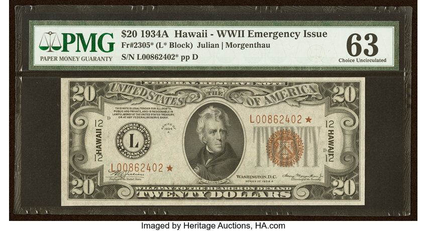 image for: Fr. 2305* $20 1934A Hawaii Federal Reserve Star Note. PMG Choice Uncirculated 63....