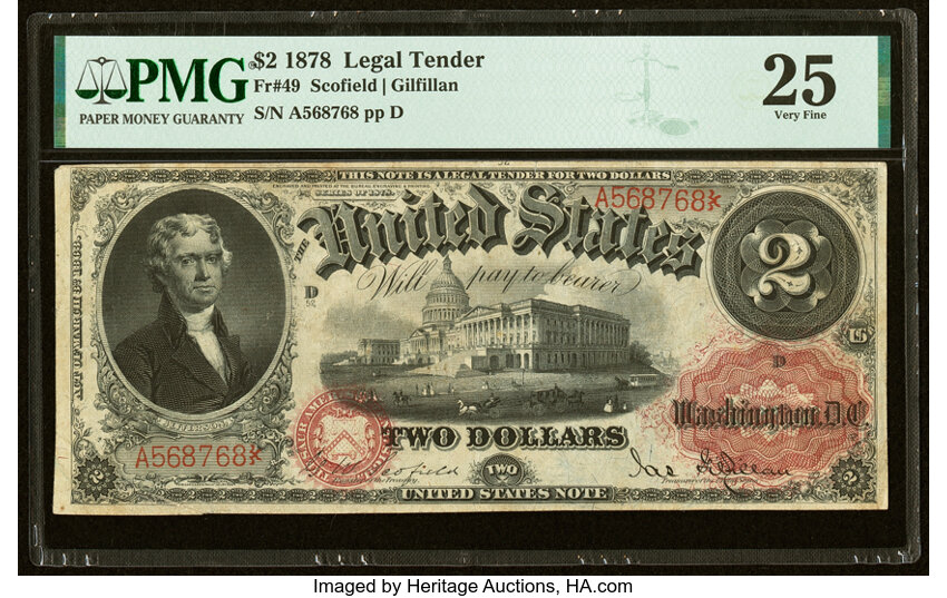 image for: Fr. 49 $2 1878 Legal Tender PMG Very Fine 25....