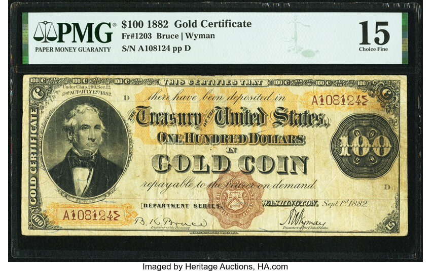 image for: Fr. 1203 $100 1882 Gold Certificate PMG Choice Fine 15....