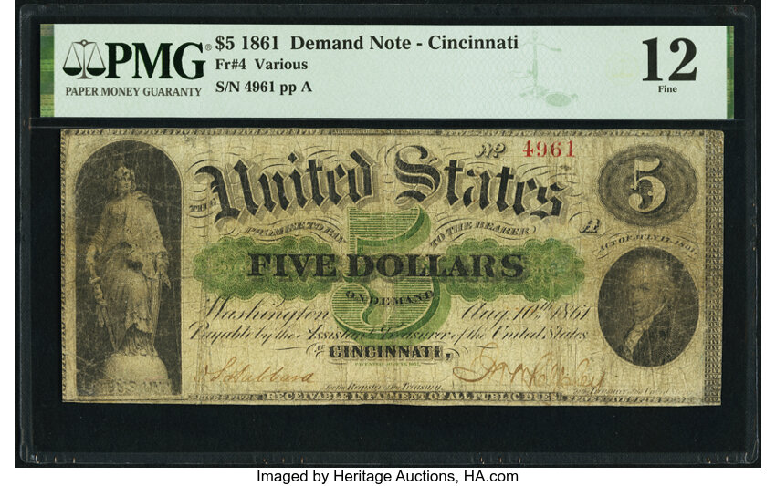 image for: Fr. 4 $5 1861 Demand Note PMG Fine 12....