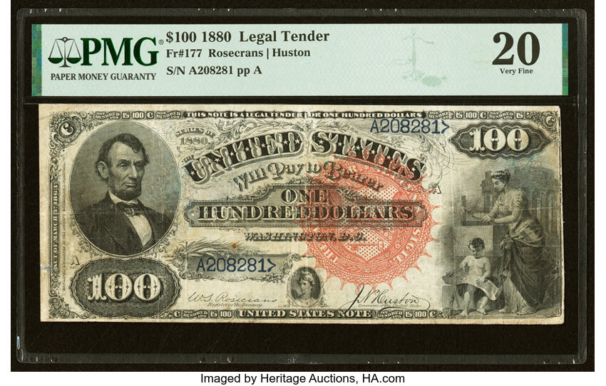 image for: Fr. 177 $100 1880 Legal Tender PMG Very Fine 20....