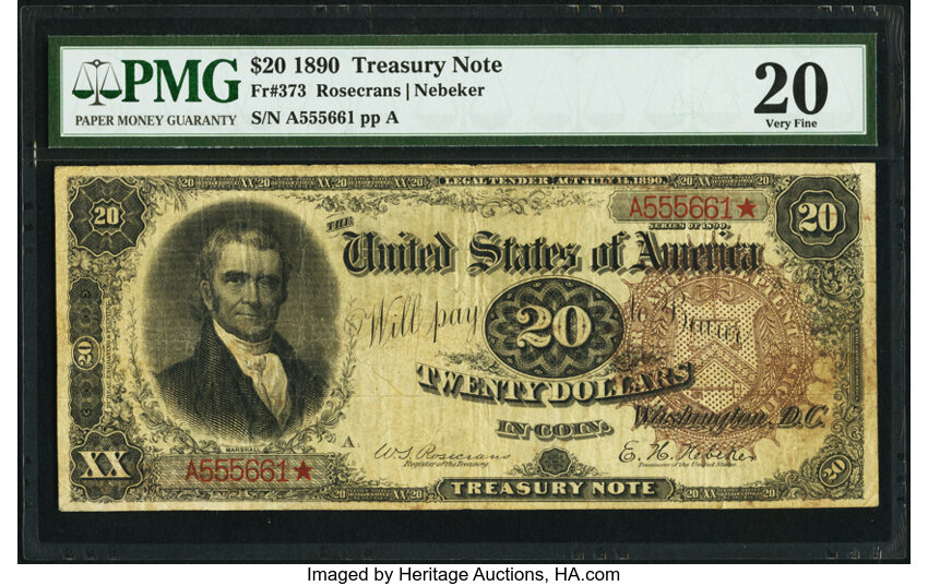 image for: Fr. 373 $20 1890 Treasury Note PMG Very Fine 20....