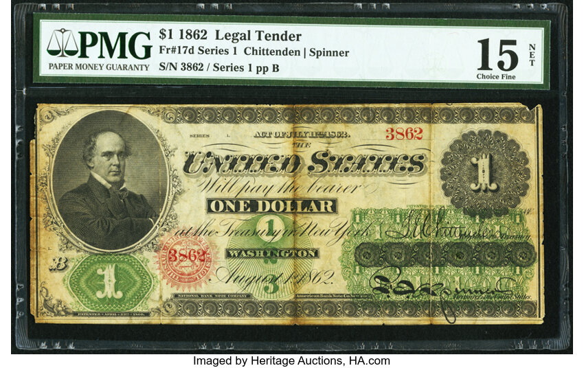 image for: Fr. 17d $1 1862 Legal Tender PMG Choice Fine 15 Net....