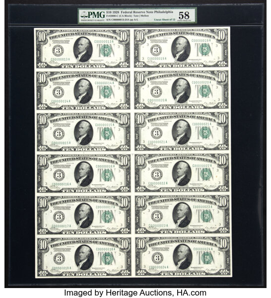 image for: Fr. 2000-C $10 1928 Federal Reserve Notes Uncut Sheet of Twelve PMG Choice About Unc 58....