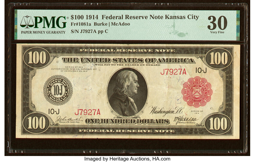 image for: Fr. 1081a $100 1914 Red Seal Federal Reserve Note PMG Very Fine 30....