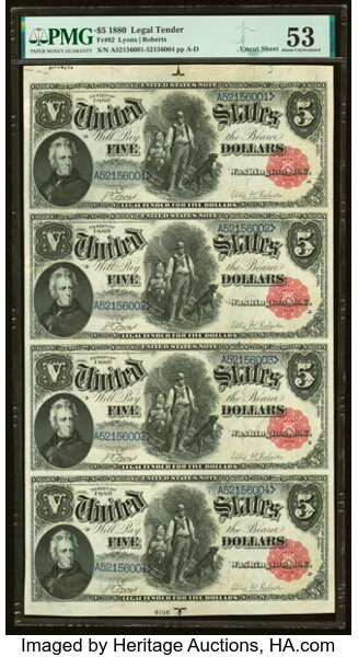 image for: Fr. 82 $5 1880 Legal Tender Uncut Sheet PMG About Uncirculated 53....