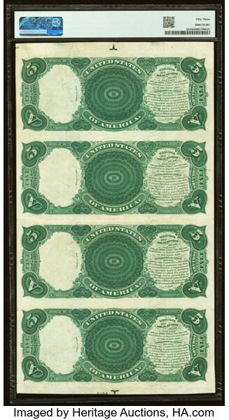 image for: Fr. 82 $5 1880 Legal Tender Uncut Sheet PMG About Uncirculated 53....