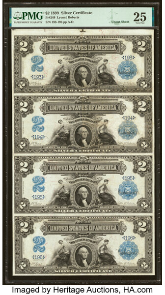 image for: Fr. 249 $2 1899 Silver Certificates Uncut Sheet of Four PMG Very Fine 25....