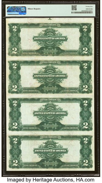 image for: Fr. 249 $2 1899 Silver Certificates Uncut Sheet of Four PMG Very Fine 25....