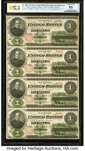 image for: Fr. 17a $1 1862 Legal Tender Reconstructed Sheet of Four PCGS Banknote About Unc 55 Details....