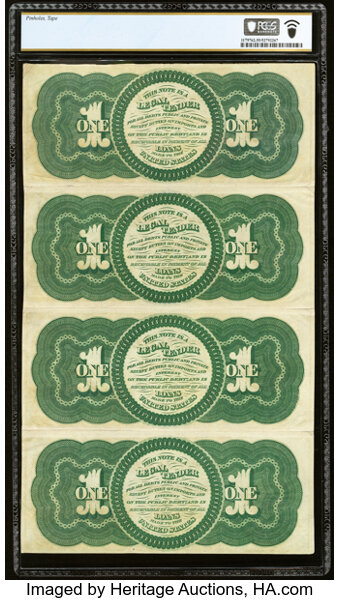 image for: Fr. 17a $1 1862 Legal Tender Reconstructed Sheet of Four PCGS Banknote About Unc 55 Details....