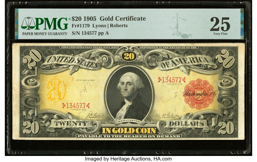 image for: Fr. 1179 $20 1905 Gold Certificate PMG Very Fine 25....