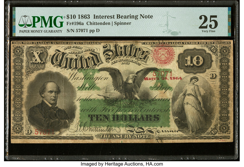 image for: Fr. 196a $10 1863 March 28, 1864 Interest Bearing Note PMG Very Fine 25....