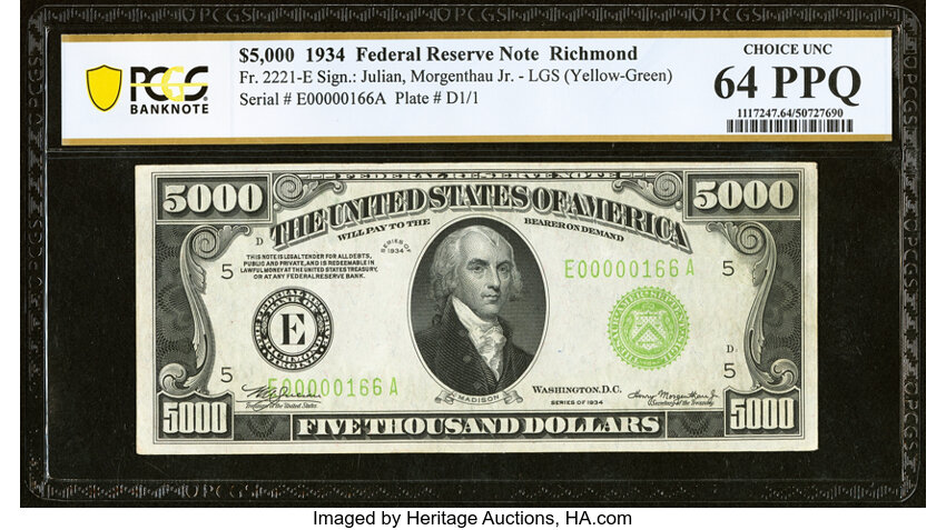 image for: Fr. 2221-E $5,000 1934 Federal Reserve Note. PCGS Banknote Choice Unc 64 PPQ....