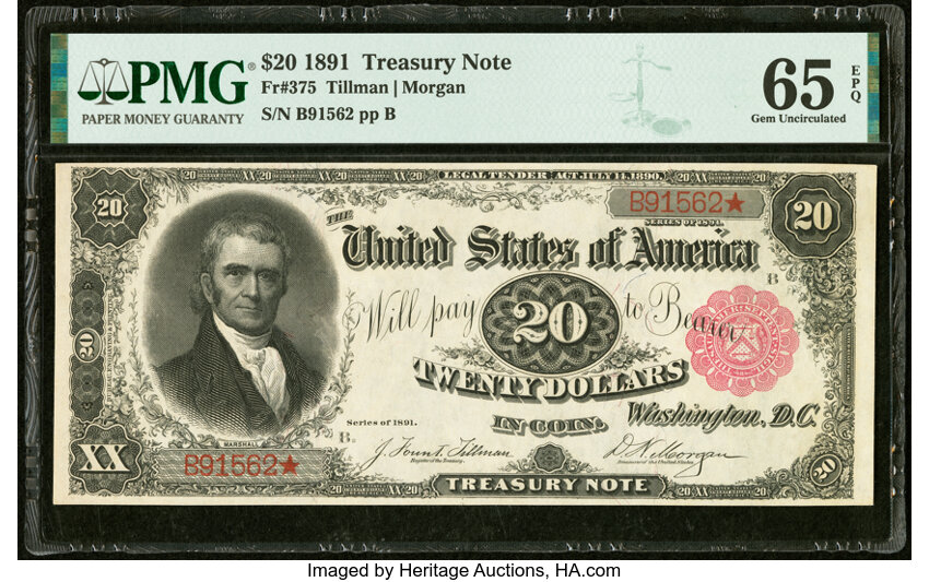 image for: Fr. 375 $20 1891 Treasury Note PMG Gem Uncirculated 65 EPQ....