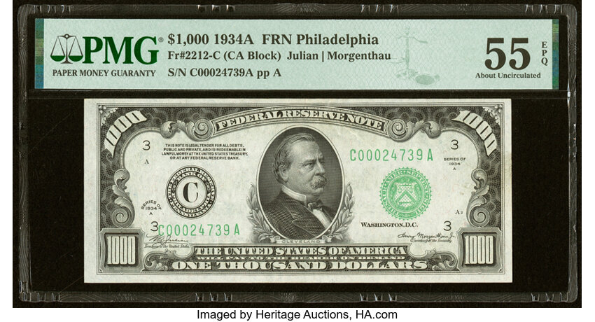image for: Fr. 2212-C $1,000 1934A Federal Reserve Note. PMG About Uncirculated 55 EPQ....