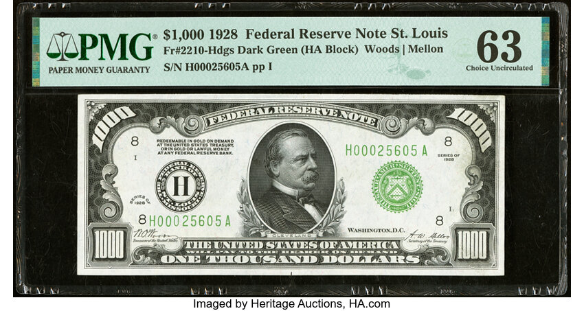 image for: Fr. 2210-H $1,000 1928 Federal Reserve Note. PMG Choice Uncirculated 63....