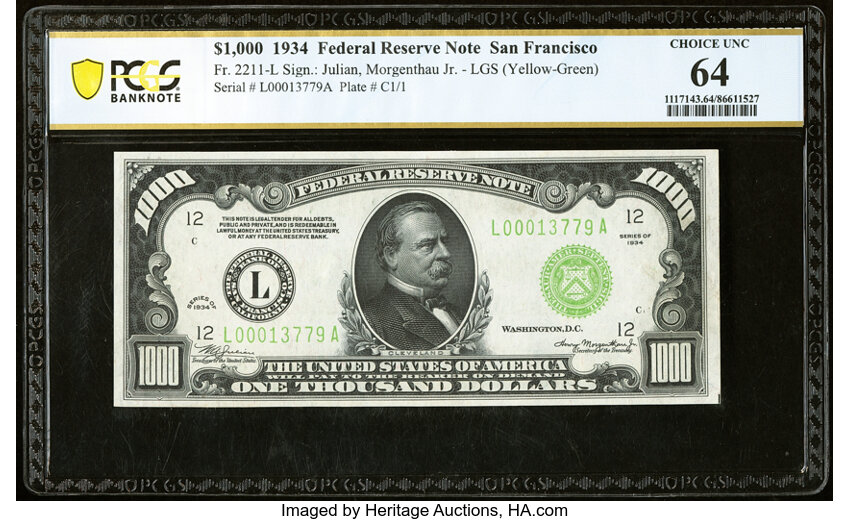 image for: Fr. 2211-L $1,000 1934 Light Green Seal Federal Reserve Note. PCGS Banknote Choice Unc 64....