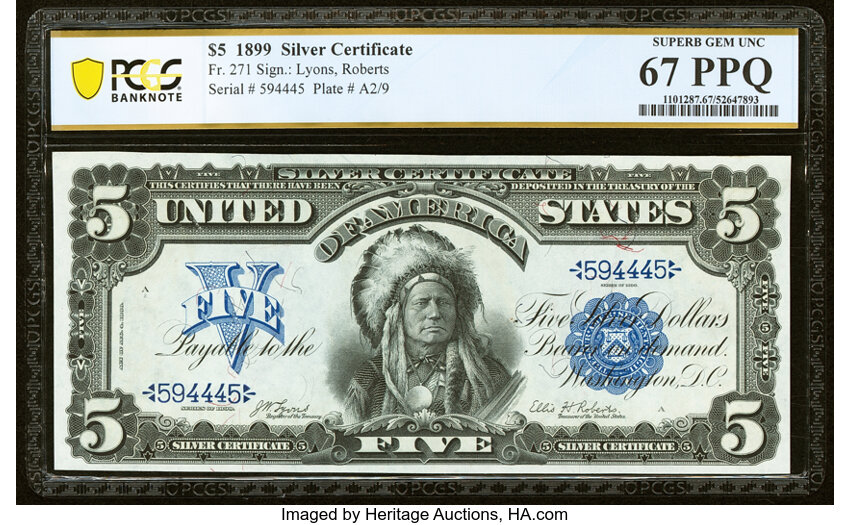 image for: Fr. 271 $5 1899 Silver Certificate PCGS Banknote Superb Gem Unc 67 PPQ....