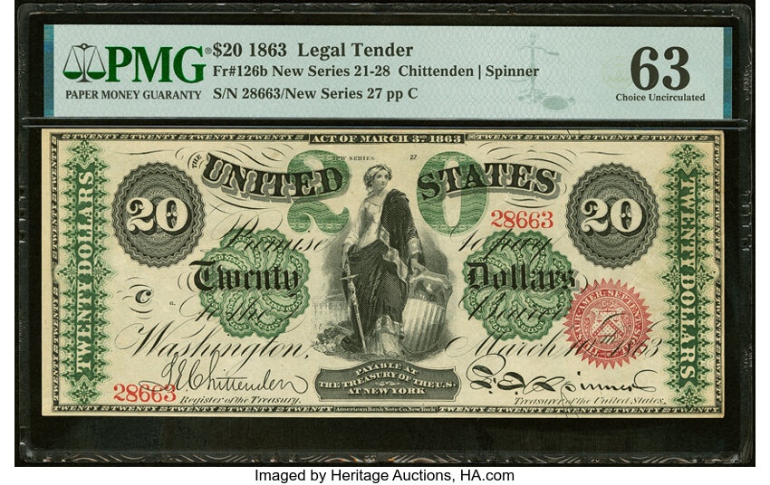 image for: Fr. 126b $20 1863 Legal Tender PMG Choice Uncirculated 63....