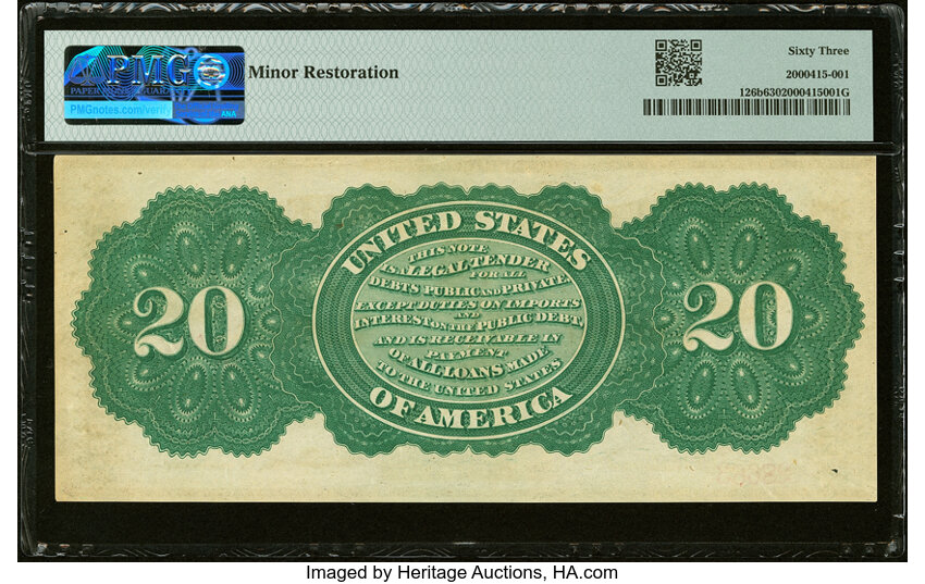 image for: Fr. 126b $20 1863 Legal Tender PMG Choice Uncirculated 63....