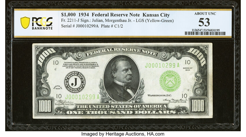 image for: Fr. 2211-J $1,000 1934 Light Green Seal Federal Reserve Note. PCGS Banknote About Unc 53....