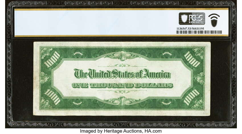 image for: Fr. 2211-J $1,000 1934 Light Green Seal Federal Reserve Note. PCGS Banknote About Unc 53....