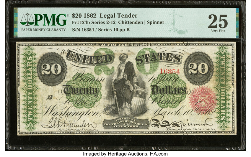 image for: Fr. 124b $20 1862 Legal Tender PMG Very Fine 25....