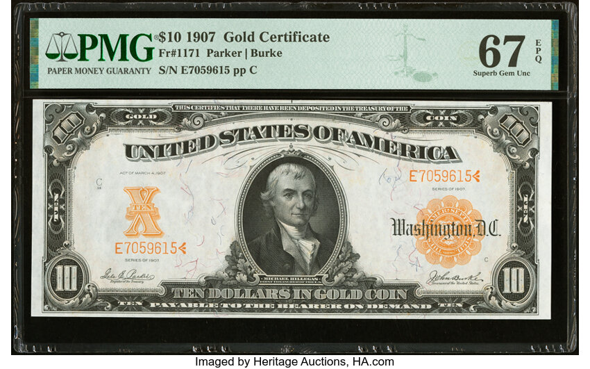 image for: Fr. 1171 $10 1907 Gold Certificate PMG Superb Gem Unc 67 EPQ....